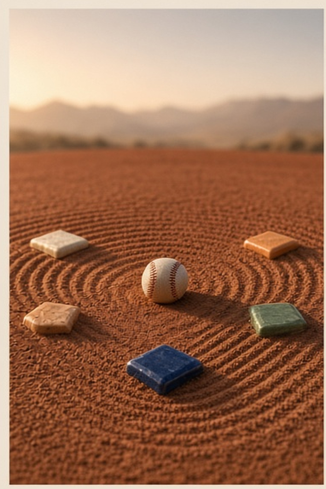 A handmade ceramic baseball diamond resting on raked clay at dawn