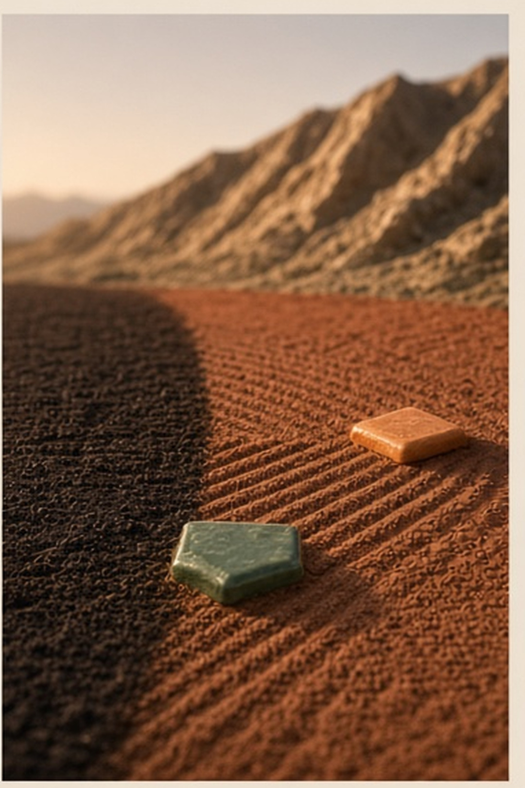 A ceramic base-path tile turning into alignment between first and second