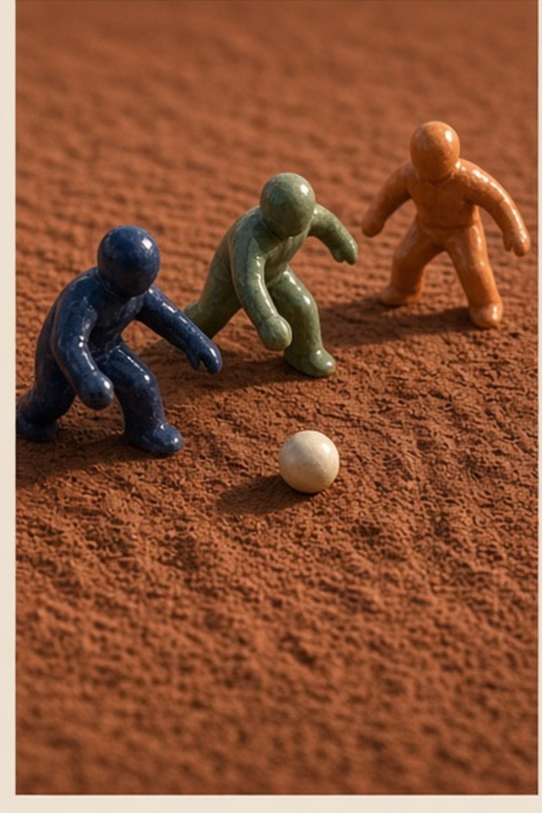 Three ceramic figures forming a long relay across raked clay